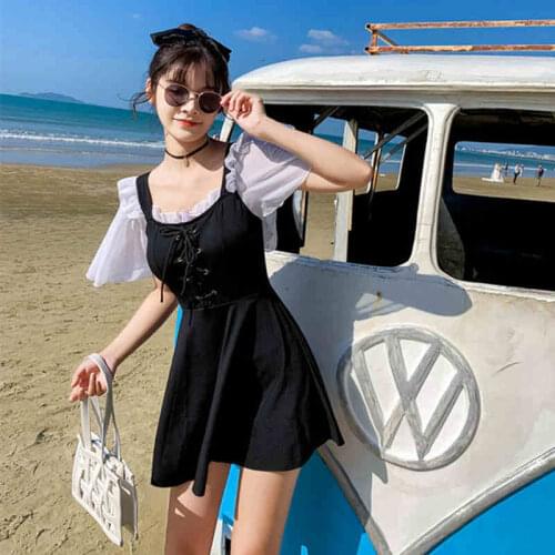 2021 New Korean Style Flying Sleeves Pleated Lace Elastic Cross Tie Rope Bow Knot Low-Cut Backless Hot Spring Small Fresh Swim