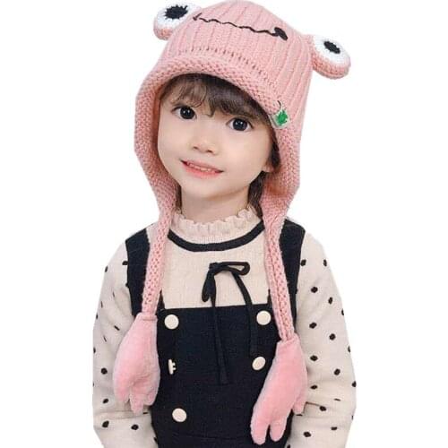 2020 Autumn Winter New Childrens Hats Boys Girls Wool Knitted Hats Double-layer Warm Thick Cute Frog Ear Caps