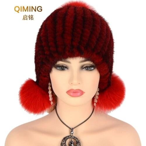 Real Mink Fur Hat For Women Warm Winter Hats Knitted Mink Fur Pom Pom Cap With Fox Fur Ball Cap Beanies