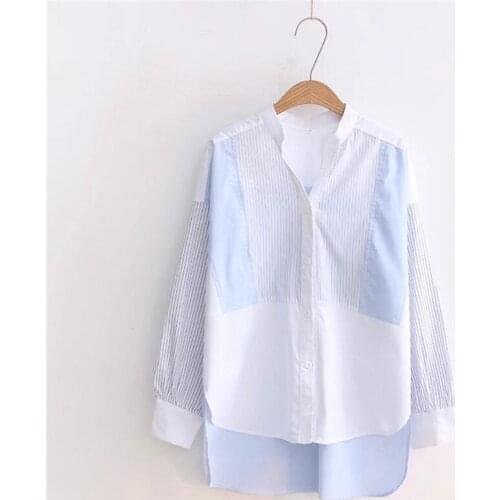 2020 summer new striped women shirts v-neck patchwork loose long-sleeved casual female shirts outwear coat tops