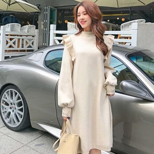 Women Knitted Dresses Winter 2019 Fashion New Arrival Long Sleeve Pleated Dress Women Casual Sweater Dress Black Pink Beige Red
