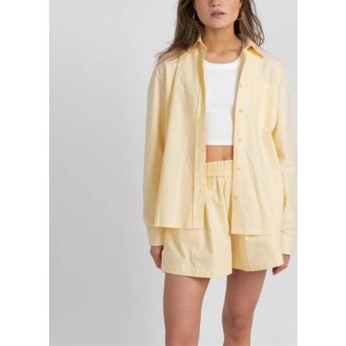 Summer Loungewear Tracksuit Women 2 Piece Set Long Sleeve Shirts And Elastic Waist Pockets Shorts Solid Basic Casual Lady Sets