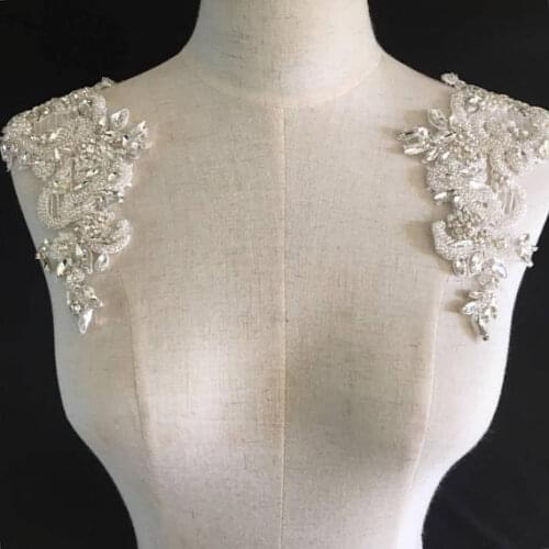 1 pair Bridal Applique With Silver Crystals Rhinestone Applique Sash Belt For Wedding Dress