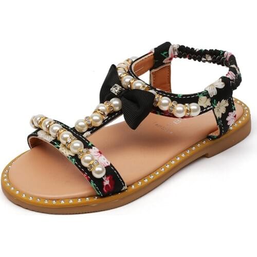 2020 New Fashion Girls Sandals Summer Shoes T-strap With Flowers Prints Pearl Beading Open-toe Shoes Kids Beach Sandals Soft