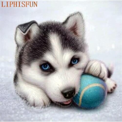 Diamond Painting Cross Stitch Full Square Round Picture of Rhinestone DIY Mosaic Embroidery Husky Dog Ball New Year Gift