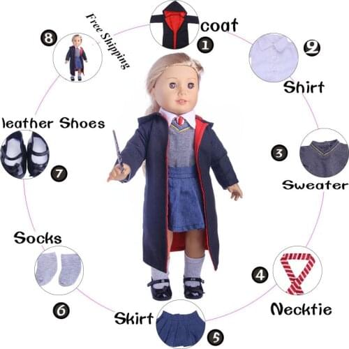 Free Shipping Doll Clothes Hogwarts School Magic 6Pcs Uniforms Shoes For 18 Inch American Doll&43 Cm Baby（Not Include the wand)
