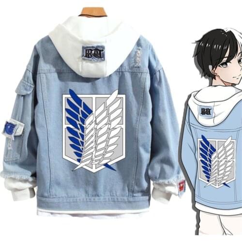 Anime Attack on Titan Printed Hooded Jeans Jacket Coat Cosplay Costume Harajuku Patchwork Hoodies Coat Streetwear Sweatshirt