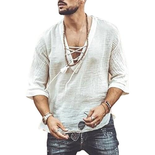 Men Solid Color Half Sleeve Hollow Out Linen T shirt Chest Bandage T-shirt Blouse Top Male Sexy Deep V Neck T shirts Casual Tops