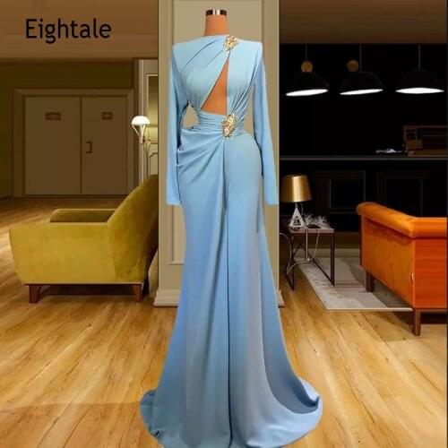 Eightale Arabic Evening Dresses O-Neck Cut Out Long Mermaid Prom Gown Chiffon Long Sleeves Dubai Party Dress
