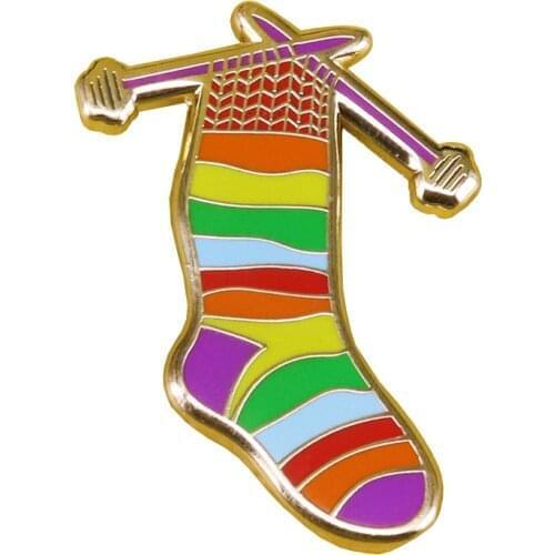 Rainbow socks enamel pin knitting crochet and yarn brooch warm stockings art badge creative knitters flair craft accessory