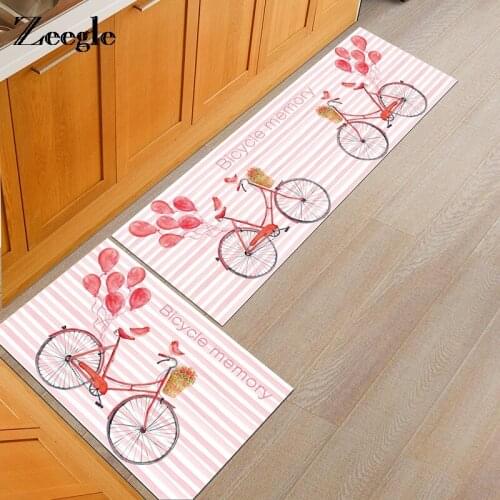 Zeegle Bicycle Printed 2pcs/Set Kitchen Rugs Anti-Slip Bathroom Carpets Absorb Water Bedside Mats Home Entrance/Hallway Doormat