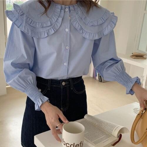 Chic Sweet Double Peter Pan Collar Puff Sleeve Blouse Single Breasted Solid Loose Women Shirts 2021 Autumn Korean Elegant Blusas