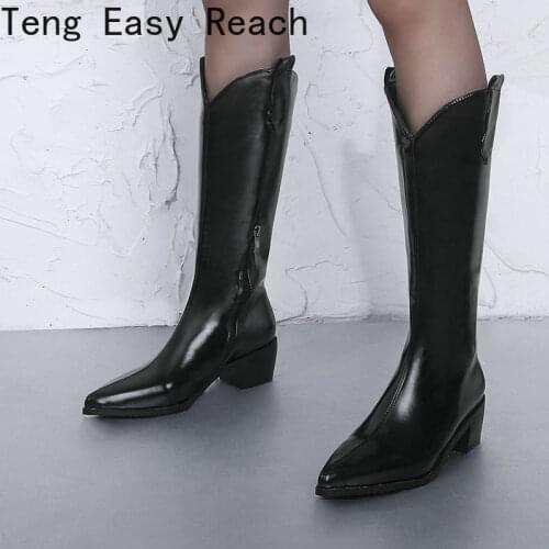 2021 Black White Women Knee High Boots Pointed Toe Square High Heel Ladies Western Boots Short Plush Autumn Winter Womens Boots