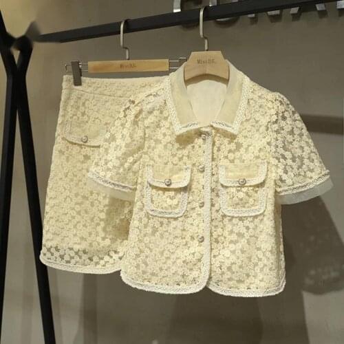 High Quality Elegant Summer Sweet Lapel Embroidery Two Piece Set Women Lace Floral Pocket Shirt + High Waist Mini Skirt Suits