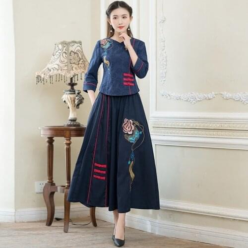 Women Retro Buckle Cheongsam Top + Ethnic Skirt Vintage Elegant Lady Embroidery Chinese Style Clothing Women 2 Piece Set 11740