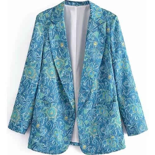 Nlzgmsj Za Women 2021 Blue Floral Print Long Sleeve Women Casual Loose Blazers Notched Collar Women Suit Jacket Female 202108
