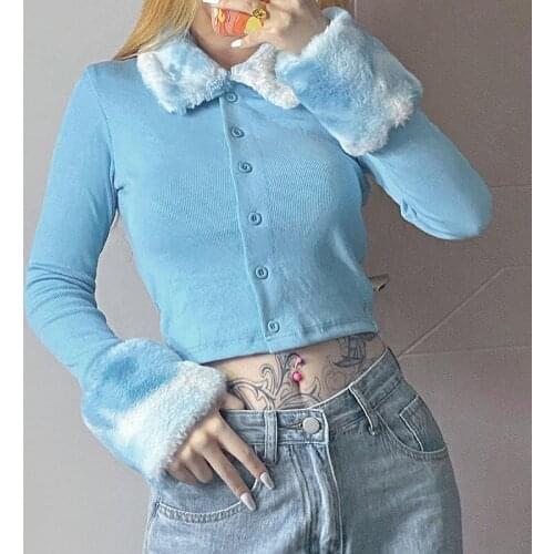 2021 Autumn Spring New Y2K Knitted Cardigans Sweaters Fashion Fur Trim Collar Long Sleeve Jumpers Women Harajuku Kawaii Knitwear