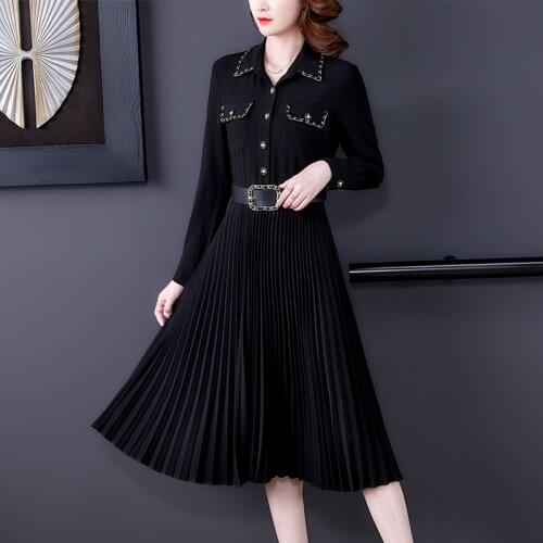 Women Chic Black 5XL Bodycon Pleated Dress Spring Autumn Vintage Office Lady Midi Shirt Dress 2021 Elegant Casual Party Vestidos