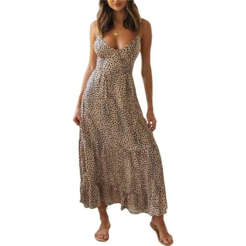 Women Dresses Summer 2021 Sexy Deep V Neck Vintage Leopard Print Boho Beach Long Dress Sleeveless A Line Dress Sundress Robe