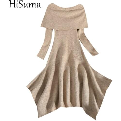 HISUMA Autumn Winter Women Slash Neck Irregular Sweater Knitted Dress Lady Off Shoulder Elastic Slim Waist Pullover Midi Dresses