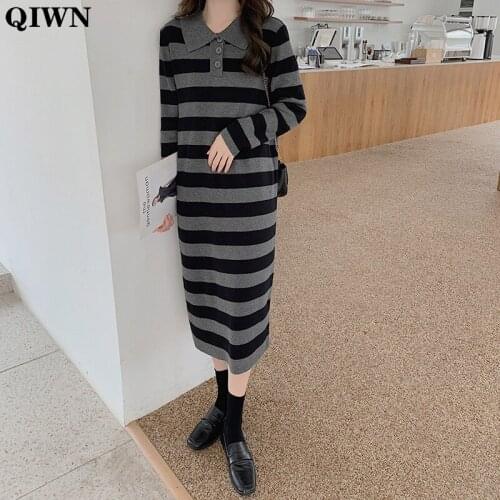 Women Elegant Autumn Knitted Sweater Dress One Piece Korean Office Loose Midi Dresses Vintage Winter Pullover Striped Dress 2020