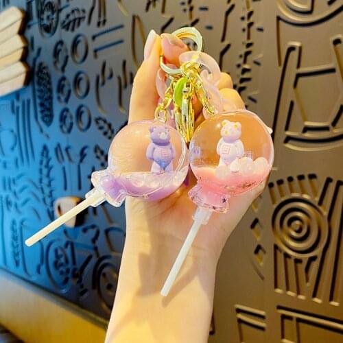 Liquid Floating Lollipop Acrylic Keychain Cute Bear Doll Key Chain Creative Women Men Bag Car Pendant Key Ring Gift Jewelry