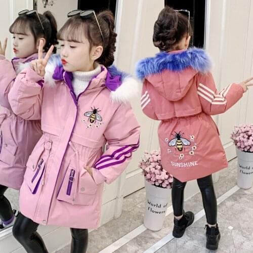 Winter girl coat cartoon bee thick fur collar hooded jacket coat fashion kids clothes coat girls plus cotton warm outwear 3-12