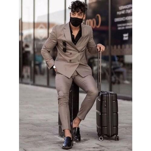 2021 Brown Double Breasted Casual Slim Fit Wedding Dress Groom Suits Dinner Suits Slim Fit Blazer Two Pieces Suits(Jacket+Pants)