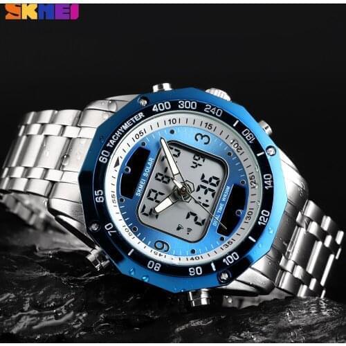 SKMEI Luxury Men Quartz Watch Sport Chrono Dual Time Display Clock Stainless Steel Strap Waterproof Wristwatch Relogio Masculino