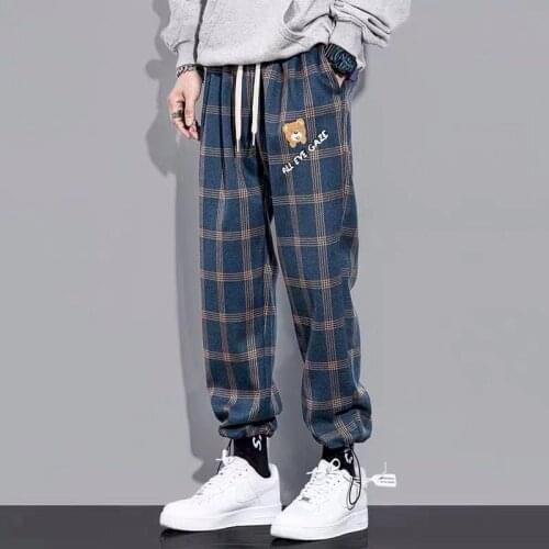 Mens Casual Pants Japanese Retro Plaid Pendant Straight Leg Pants Hip-hop Male Female Couple Loose Drawstring Sports Trousers