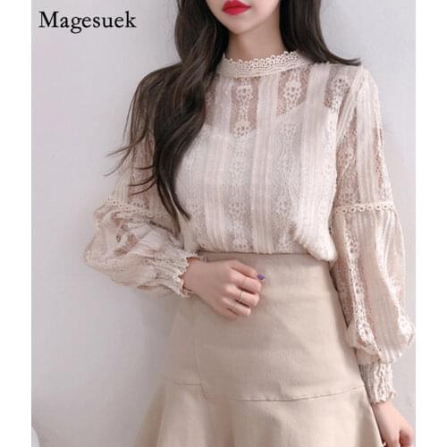 New Spring Stand Collar Shirts for Women Puff Sleeve Floral Lace Women Blouse Shirt Casual Solid Ladies Tops Blusas Mujer 6899