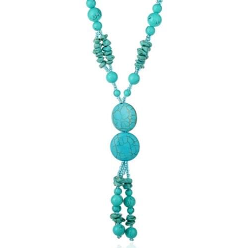 FYJS Unique Handmade Weave Round Green Turquoises Stone Pendant Long Beads Chain Necklace Charm Jewelry
