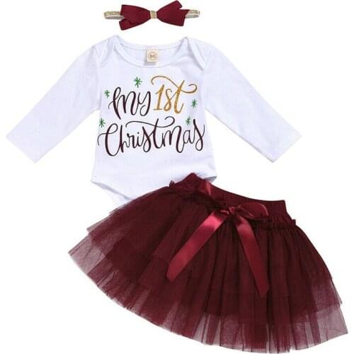 0-18M Christmas Newborn Baby Girl Clothes Sets Long Sleeve Romper Top+Mesh Tutu Skirt+Headwear 3PCS 2020 Xmas Outfits