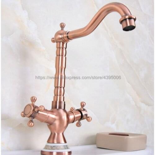 Red Copper Bathoom Kitchen Faucet Swivel Spout Dual Cross Handles Lavatory Sink Mixer Taps Deck Mounted Hot and Cold Tap Bnf619