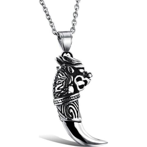 Stainless Steel Punk Rock Animal Wolf Tooth Pendant Necklace Fashion Street Dance Jewelry Gift For Him with Oval Chain