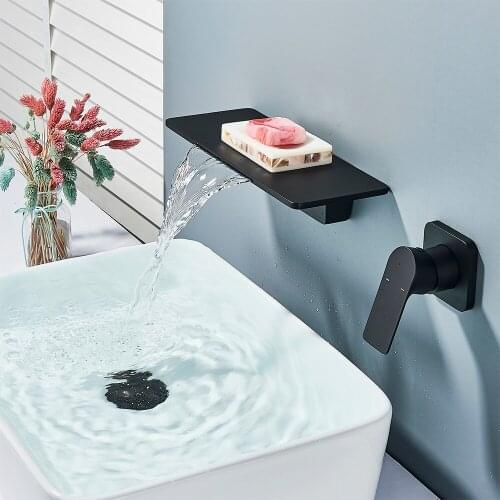 Matte Black Bathroom Basin Faucet Waterfall Spout Wall Mounted Brass Single Handle Basin 180 Rotation Mixer Tap For Bathroom