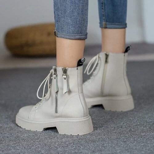 Fashion White Platform Women Chelsea Boots Thick Bottom Split Leather Winter Shoes Woman Lace Up Motorcycle Boots