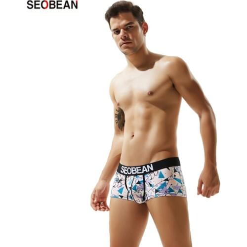 SEOBEAN Mens Underwear Cotton Breathable Young Mens Geometric U-pouch Bag Push Up Design Sexy Fashion Boxers