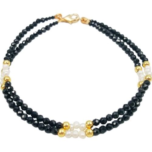 Natural Black Spinels ,&Freshwater Pearl Tibetan silver +18KGP Bracelet .7.5inches