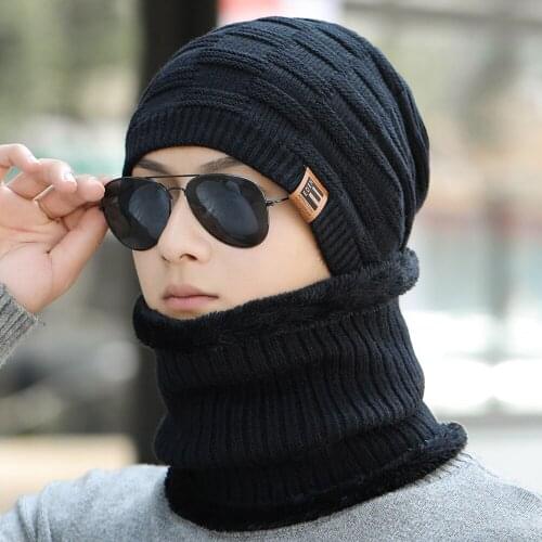 New Unisex Add Fleece Lined Winter Hat Wool Warm Knitted Hat Set Thick Soft Stretch Winter Hats For Men Women Leisure Beanie Cap