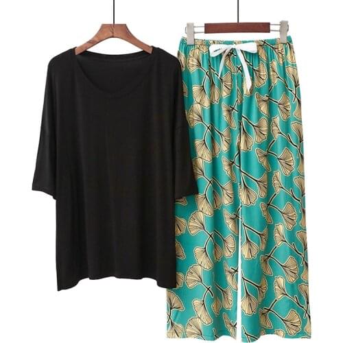 New Comfortable Cotton Pijamas Set Contrast Color Womens Pajamas Pullover 3/4 Sleeve Trousers Multi-Flower Ladies Home Clothes