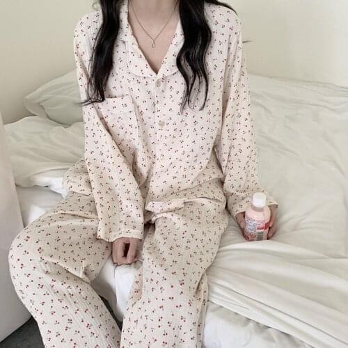 Simple Style Pajamas For Women Floral Long Sleeve Sleepwear Lounge Wear Home Clothes Full Cotton Student Nightwear Pijamas Suit