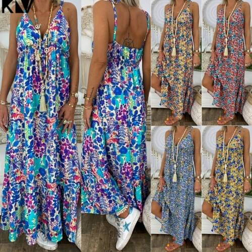 KLV Women Plus Size Boho Floral Maxi V Neck Party Dress Strappy Loose Summer Beach Sundress