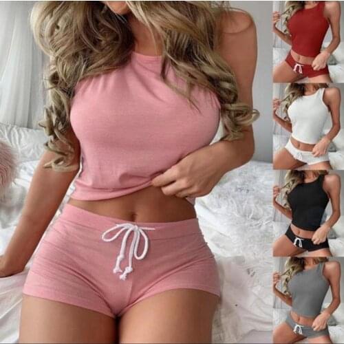 Dropshipping!Summer womens sportswear solid color drawstring sleeveless round neck short top shorts suit suitable for going out