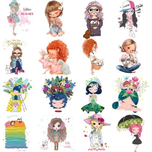 Thermo Applique Stickers For T-shirt Clothes Cute Little Girl Iron On Transfers For Clothing Stripe Appliques Flowers Stickers