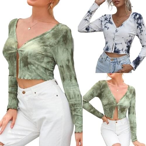 Hirigin Womens Rib Knit Crop Tops Long Sleeve V Neck Buttoned Cardigan Blouse Tie Dye Print Button Tie Down Short T-Shirts