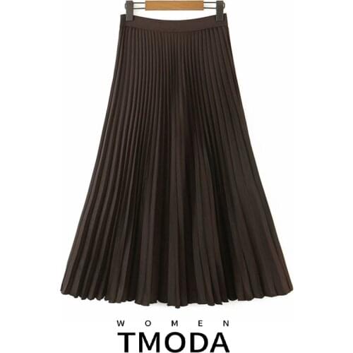TMODA1908 Za 2021 Summer Autumn Women Brown Satin Pleated Skirt Ladies Elastic High Waist Long Skirt Female Midi Skirt Saia