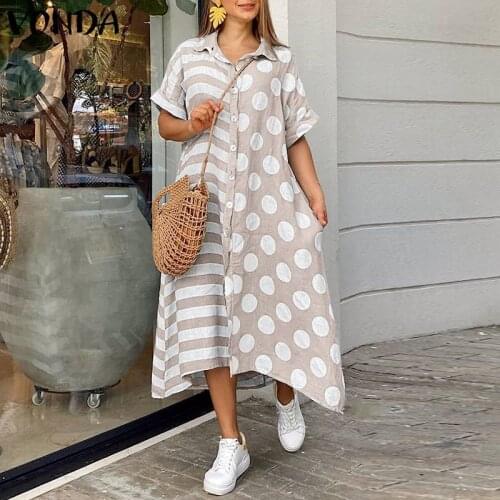 Long Maxi Dress VONDA Women 2021 Casual Shorts Sleeve Lapel Collar Button Up Vintage Printed Pleated Robe Asymmetric Hem Vestido