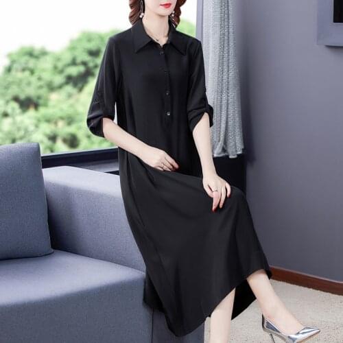 2021 Spring Black Mulberry Silk Loose Shirt Dress Autumn Vintage Casual 4XL Plus Size Midi Dress Women Elegant Bodycon Vestidos