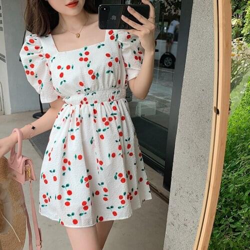 French Style Vintage Square Collar Elegant Women Dress Chic Cherry Print Puff Sleeve Summer Dresses Ladies Casual Short Dres